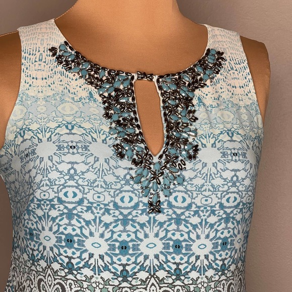 WHBM Oasis Blue Shift Lined Dress Embellished Print Sleeveless Small Petite - Picture 6 of 14